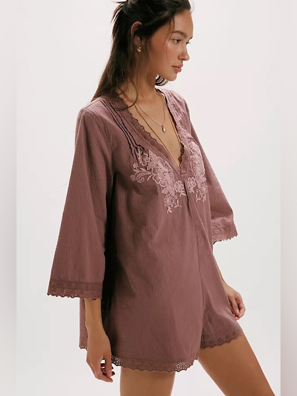 Free People Mauve Embroidered V-Neck Romper